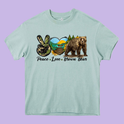 Peace Love Brown Bear Heavy Core Tee Designed By Lillyallendesigns