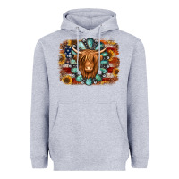 Heather Grey american flag sunflowers highland cow turquoise background Heavyweight Hoodie - Jasminsmagicworld