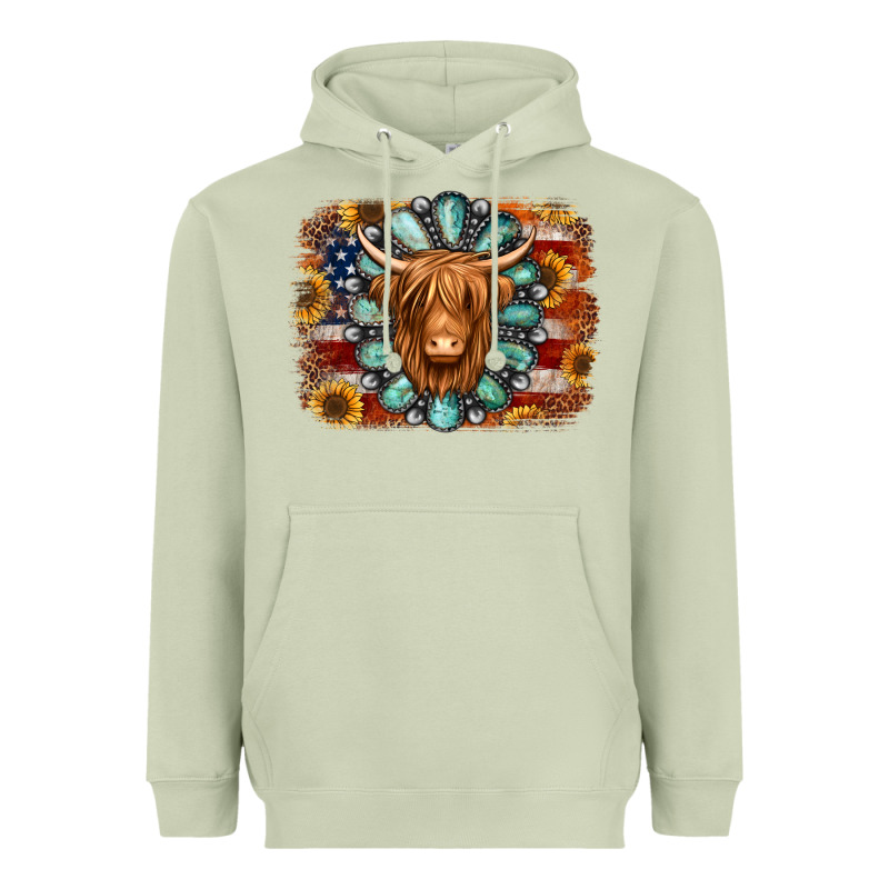 American Flag Sunflowers Highland Cow Turquoise Background Heavyweight Hoodie by Jasminsmagicworld | Teevron
