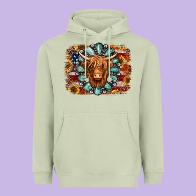 American Flag Sunflowers Highland Cow Turquoise Background Heavyweight Hoodie Designed By Jasminsmagicworld