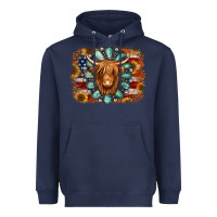 Navy american flag sunflowers highland cow turquoise background Heavyweight Hoodie - Jasminsmagicworld