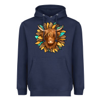 Navy highland cow turquoise sunflower Heavyweight Hoodie - Jasminsmagicworld