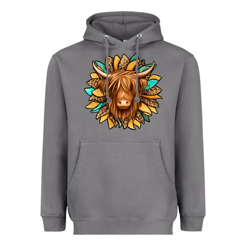 Highland Cow Turquoise Sunflower Heavyweight Hoodie by Jasminsmagicworld | Teevron