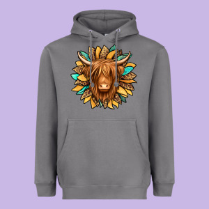 Highland Cow Turquoise Sunflower Heavyweight Hoodie Designed By Jasminsmagicworld