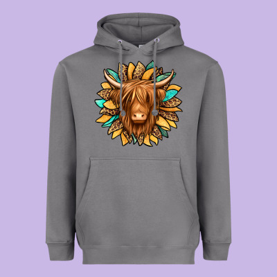Highland Cow Turquoise Sunflower Heavyweight Hoodie Designed By Jasminsmagicworld