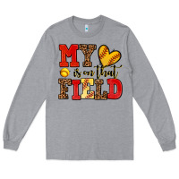 Heather Grey my heart is on that field softball Long Sleeve Tee - AdoDesignShop