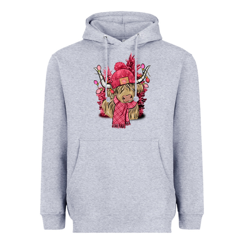 Pink Winter Long Haired Cow Heavyweight Hoodie by NancyCooperArtShop | Teevron