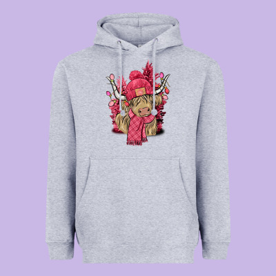 Pink Winter Long Haired Cow Heavyweight Hoodie Designed By Nancycooperartshop