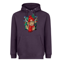 Plum Red Christmas long haired Cow Heavyweight Hoodie - NancyCooperArtShop