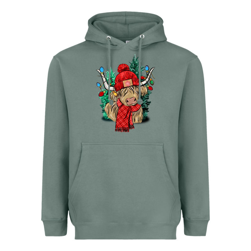 Red Christmas Long Haired Cow Heavyweight Hoodie by NancyCooperArtShop | Teevron