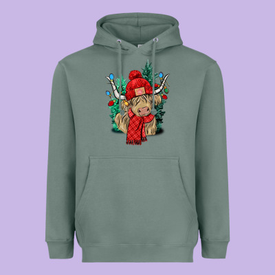 Red Christmas Long Haired Cow Heavyweight Hoodie Designed By Nancycooperartshop