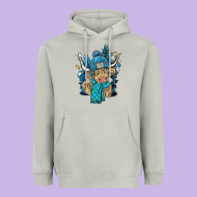 Winter Long Haired Cow Heavyweight Hoodie Designed By Nancycooperartshop