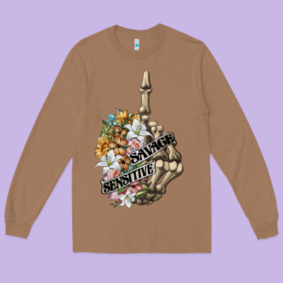 Sensitive Savage Skeleton Middle Finger Long Sleeve Tee Designed By Fadigitalartstudio