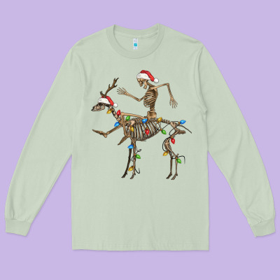 Skeleton Deer Santa Long Sleeve Tee Designed By Fadigitalartstudio