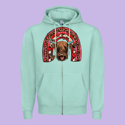 Valentines Highland Cow Rainbow Zipper Hoodie Designed By Jahusdesignshop