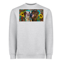 Heather Grey Heifers With Sunflowers And Leopard Heavyweight Sweatshirt - RanaPortraitStore
