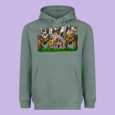 Western Mom With Spotted Pig And Baby Pig Heavyweight Hoodie Designed By Lillyallendesigns