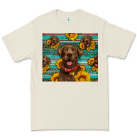 Chocolate Labrador With Sunflowers Western Premium Tee | Teevron