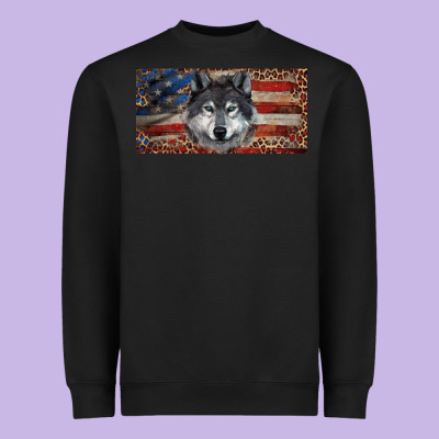 Heavyweight Sweatshirt Wolf with american flag and leopard