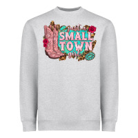 Heather Grey just a small town girl cowgirl boots Heavyweight Sweatshirt - texasbilliewilder