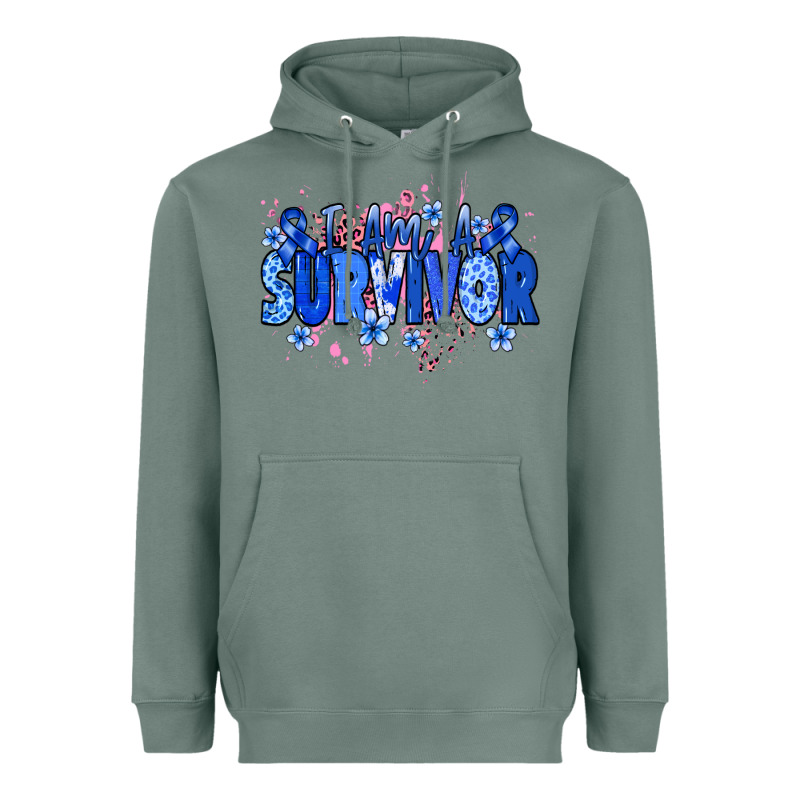 I Am A Survivor Colon Cancer Blue Ribbon Heavyweight Hoodie by NancyCooperArtShop | Teevron