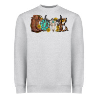 Heather Grey western love bull skull with gemstone and sunflowe Heavyweight Sweatshirt - texasbilliewilder