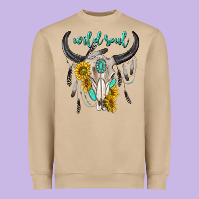 Wild Soul Boho Bull Skull Heavyweight Sweatshirt Designed By Texasbilliewilder