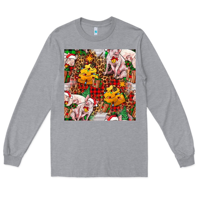 Christmas Pig  Tartan With  Hay And Christmas Ligh Long Sleeve Tee by FaDigitalArtStudio | Teevron