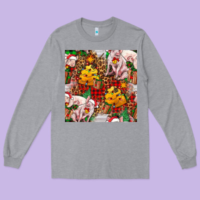 Christmas Pig  Tartan With  Hay And Christmas Ligh Long Sleeve Tee Designed By Fadigitalartstudio