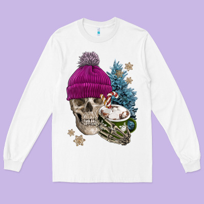 Winter Skeleton Skull Long Sleeve Tee Designed By Fadigitalartstudio