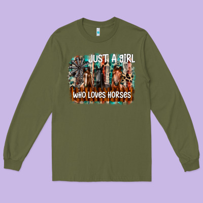 Just A Girl Who Loves Horses Long Sleeve Tee Designed By Cowhidedigitalart