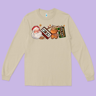 Coffee Cup Santa Cassette Cookie Long Sleeve Tee Designed By Fadigitalartstudio