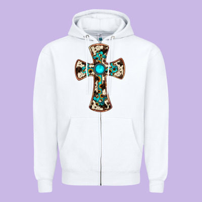 Cowhide Gemstone  Cross Zipper Hoodie Designed By Jahusdesignshop
