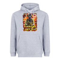 Heather Grey First In last Out Firefighter Heavyweight Hoodie - LillyAllenDesigns