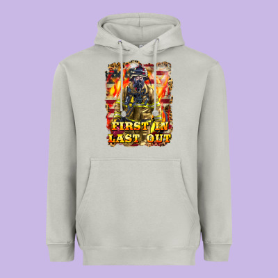 First In Last Out Firefighter Heavyweight Hoodie Designed By Lillyallendesigns