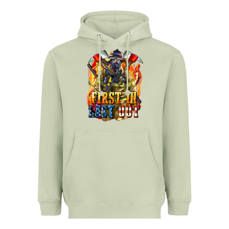 First In Last Out American Firefighter Heavyweight Hoodie by LillyAllenDesigns | Teevron