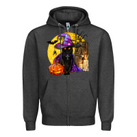Charcoal Heather black witch cat coffin and moon Zipper Hoodie - BundleAndBundleShop