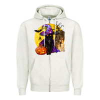 Oatmeal Heather black witch cat coffin and moon Zipper Hoodie - BundleAndBundleShop