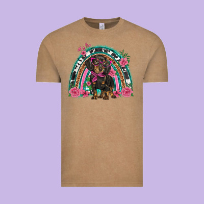 Dachshund Dog Pink  Floral Rainbow Vintage Tee Designed By Barkaloodesign