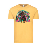 Vintage Mustard dachshund dog pink  floral rainbow Vintage Tee - BarkalooDesign