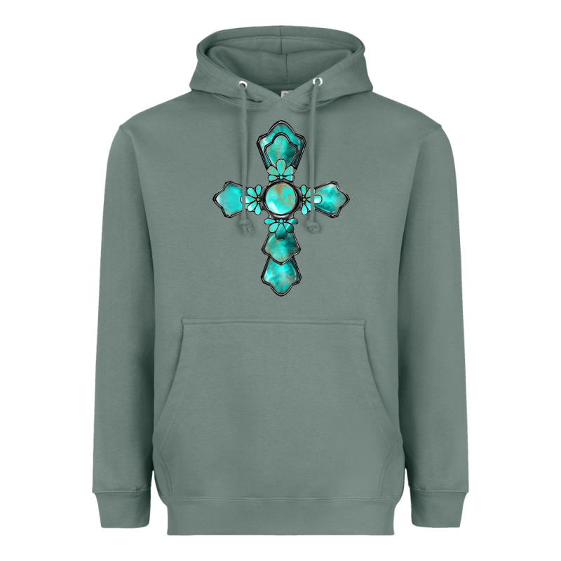 Western Turquoise Gemstone Cross Heavyweight Hoodie by BarkalooDesign | Teevron