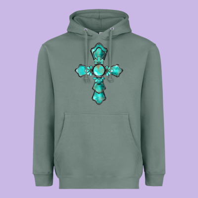 Western Turquoise Gemstone Cross Heavyweight Hoodie Designed By Barkaloodesign