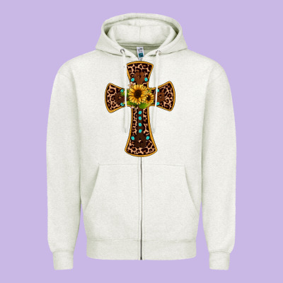 Leopard Gemstone Sunflower Cross Zipper Hoodie Designed By Jahusdesignshop