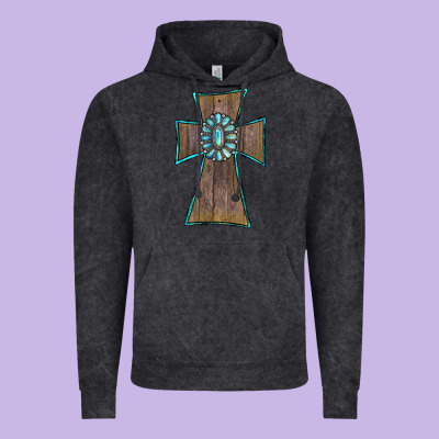 Vintage Hoodie Wood Turquoise Gemstone Cross