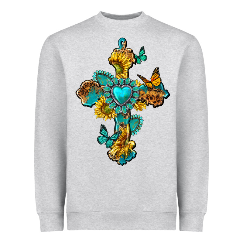 Western Cross With Gemstone And Sunflowers Heavyweight Sweatshirt by texasbilliewilder | Teevron