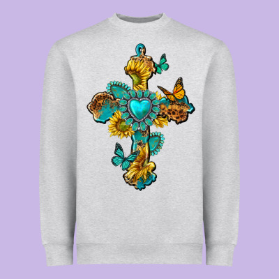 Western Cross With Gemstone And Sunflowers Heavyweight Sweatshirt Designed By Texasbilliewilder