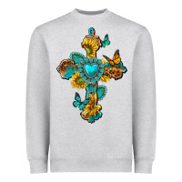 Heather Grey western cross with gemstone and sunflowers Heavyweight Sweatshirt - texasbilliewilder