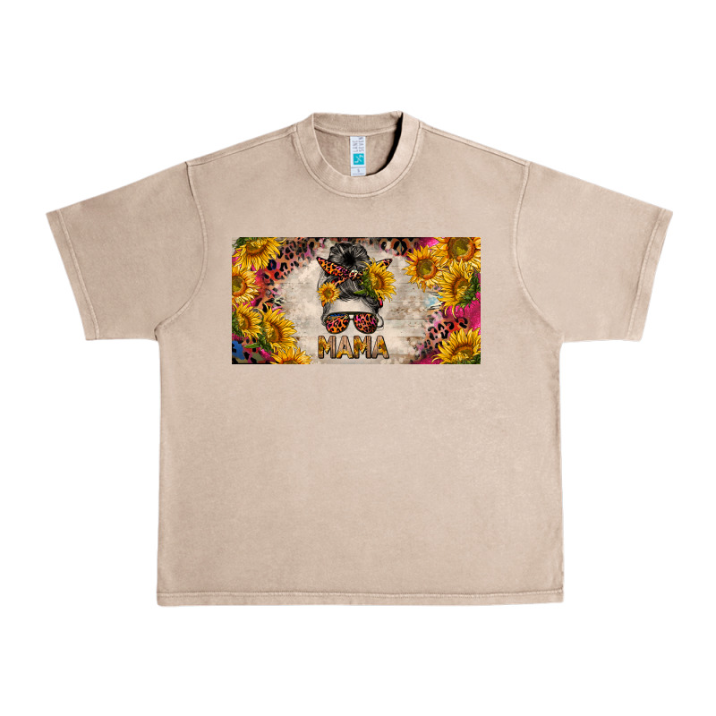 Mess Bun Mama With Sunflowers And Colorful Leopard License Plate Urban Heavy Tee by BarkalooDesign | Teevron