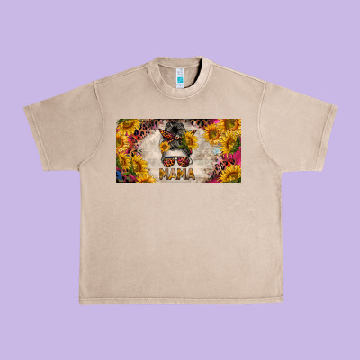 Mess Bun Mama With Sunflowers And Colorful Leopard License Plate Urban Heavy Tee Designed By Barkaloodesign