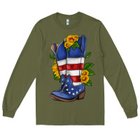 Army Green american cowboy boot with sunflower Long Sleeve Tee - HRA Design Shop